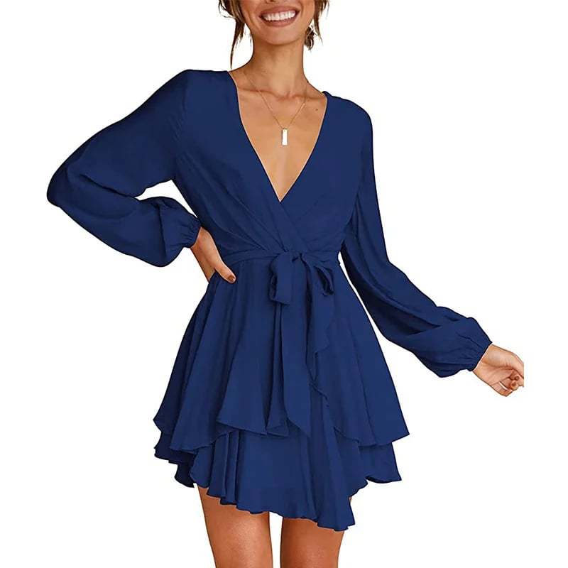 Last Day 49% OFF🔥V-Neck Waist Tie Ruffle Mini Swing Skater Dresses❤️Buy 2 Free Shipping