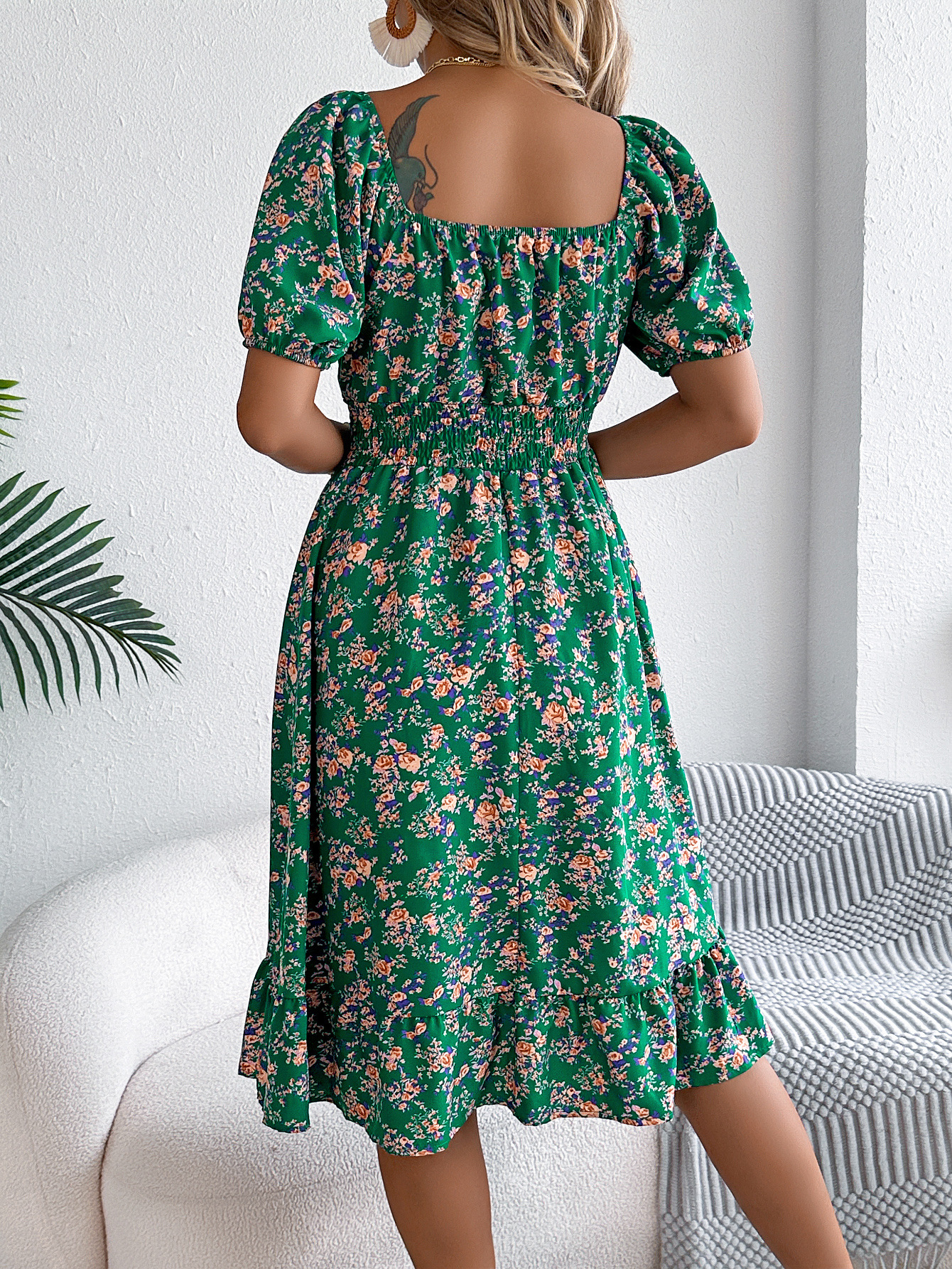 Elegant Floral Square Neck Smocked Waist Midi Dress