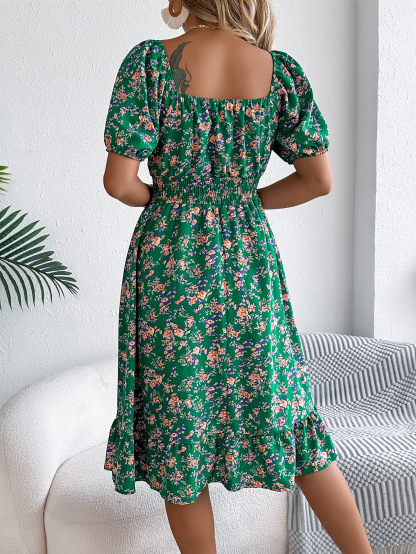 Elegant Floral Square Neck Smocked Waist Midi Dress