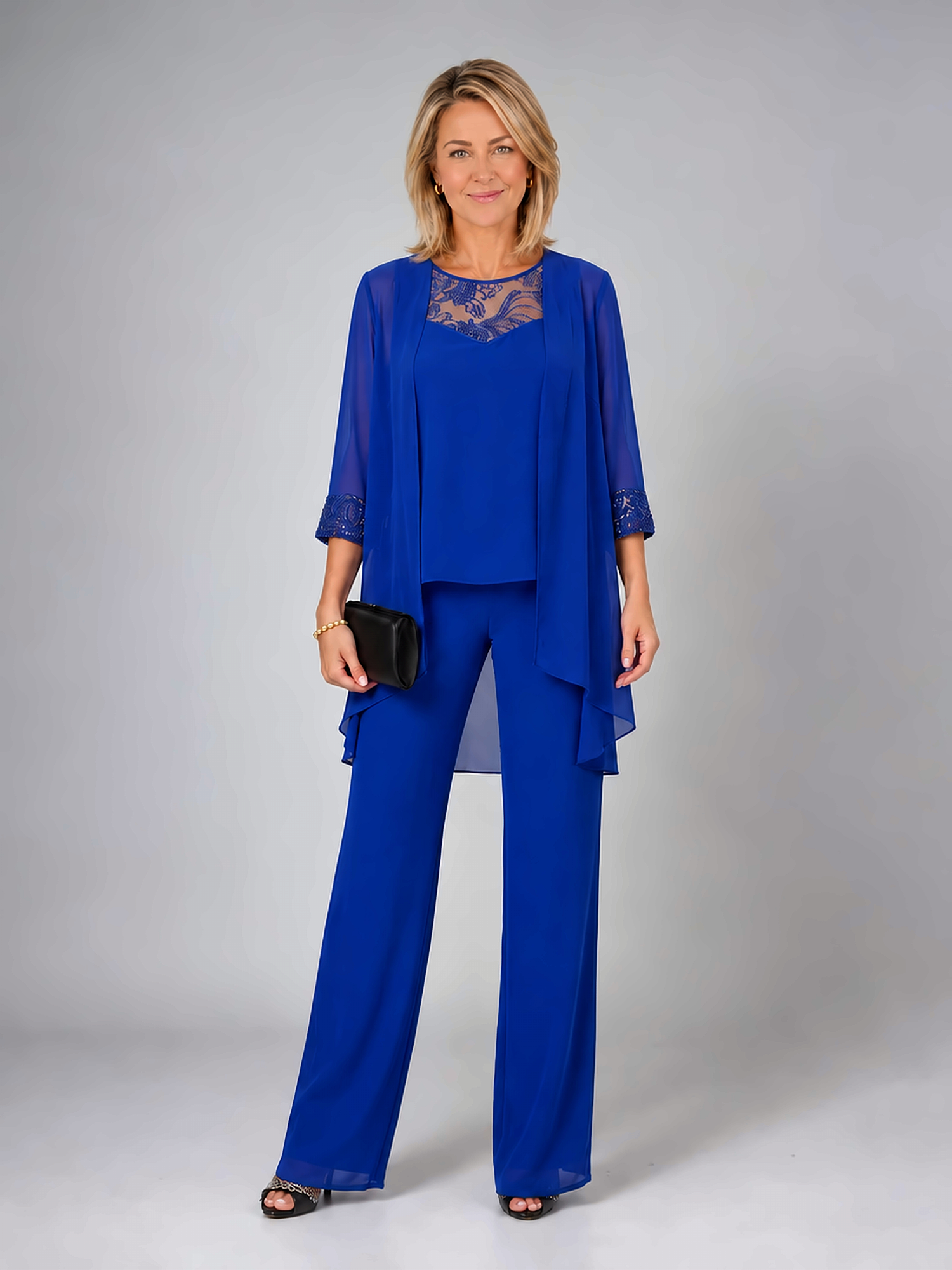 Elegant Lace Detail Three-Piece Pants Set with Draped Cardigan