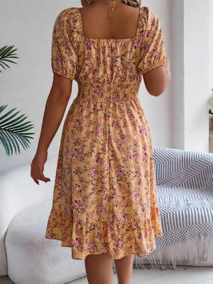 Elegant Floral Square Neck Smocked Waist Midi Dress