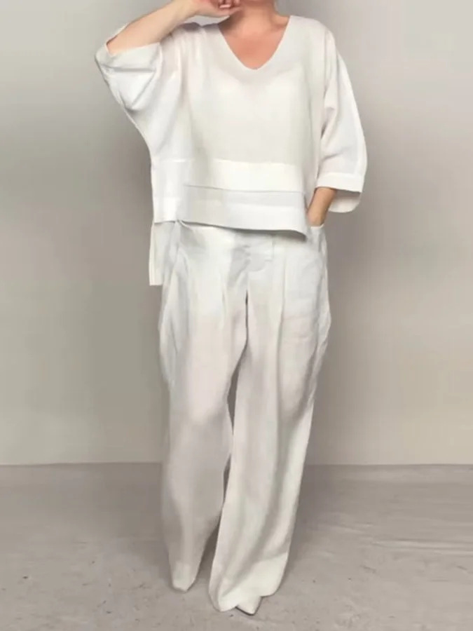 Loose V-Neck Top and Wide-Leg Pants Two Piece Set (Buy 2 Free Shipping)