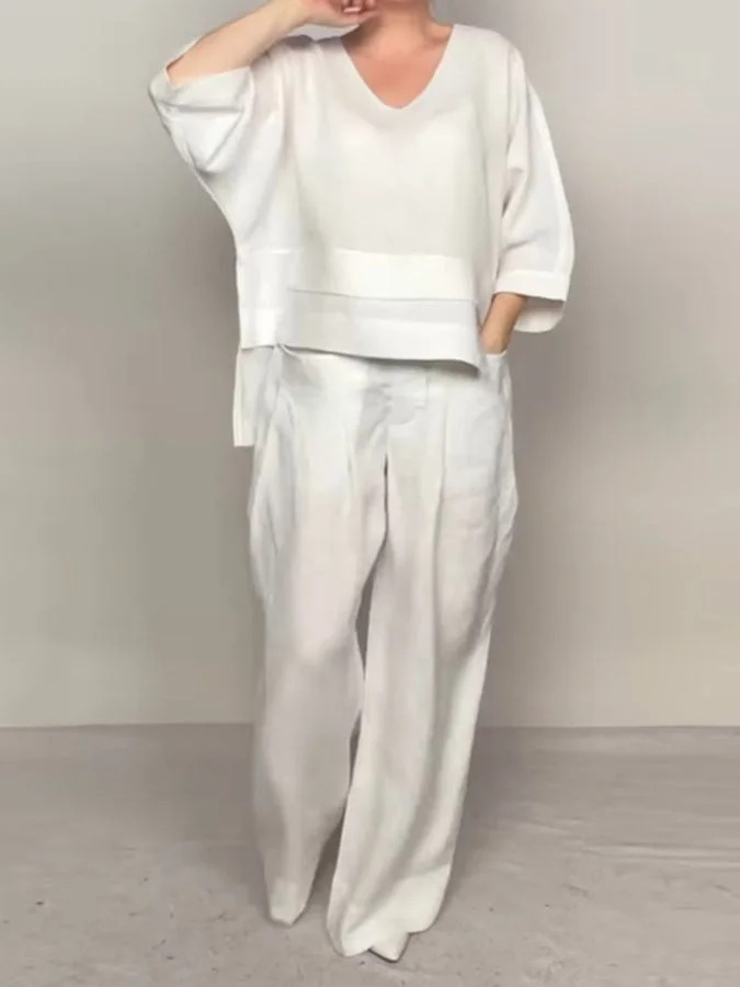 Loose V-Neck Top and Wide-Leg Pants Two Piece Set (Buy 2 Free Shipping