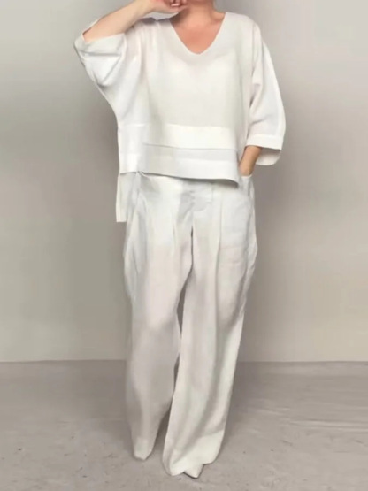 Loose V-Neck Top and Wide-Leg Pants Two Piece Set (Buy 2 Free Shipping)