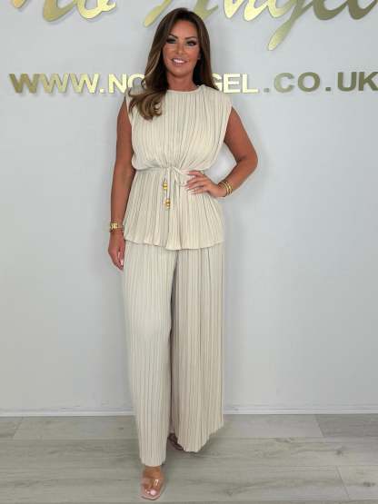 Pleated Tie Waist Top & Trouser Two Piece Set (Buy 2 Free Shipping)