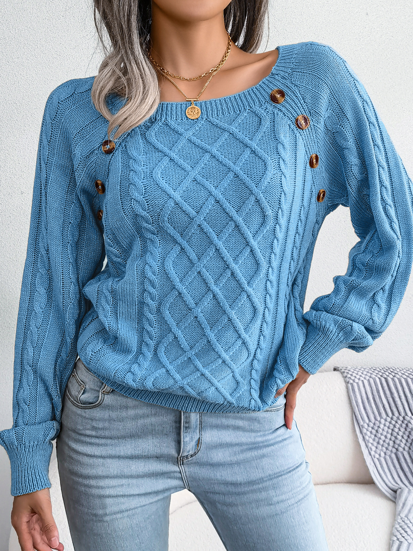 Textured Cable Knit Button Detail Relaxed Fit Sweater