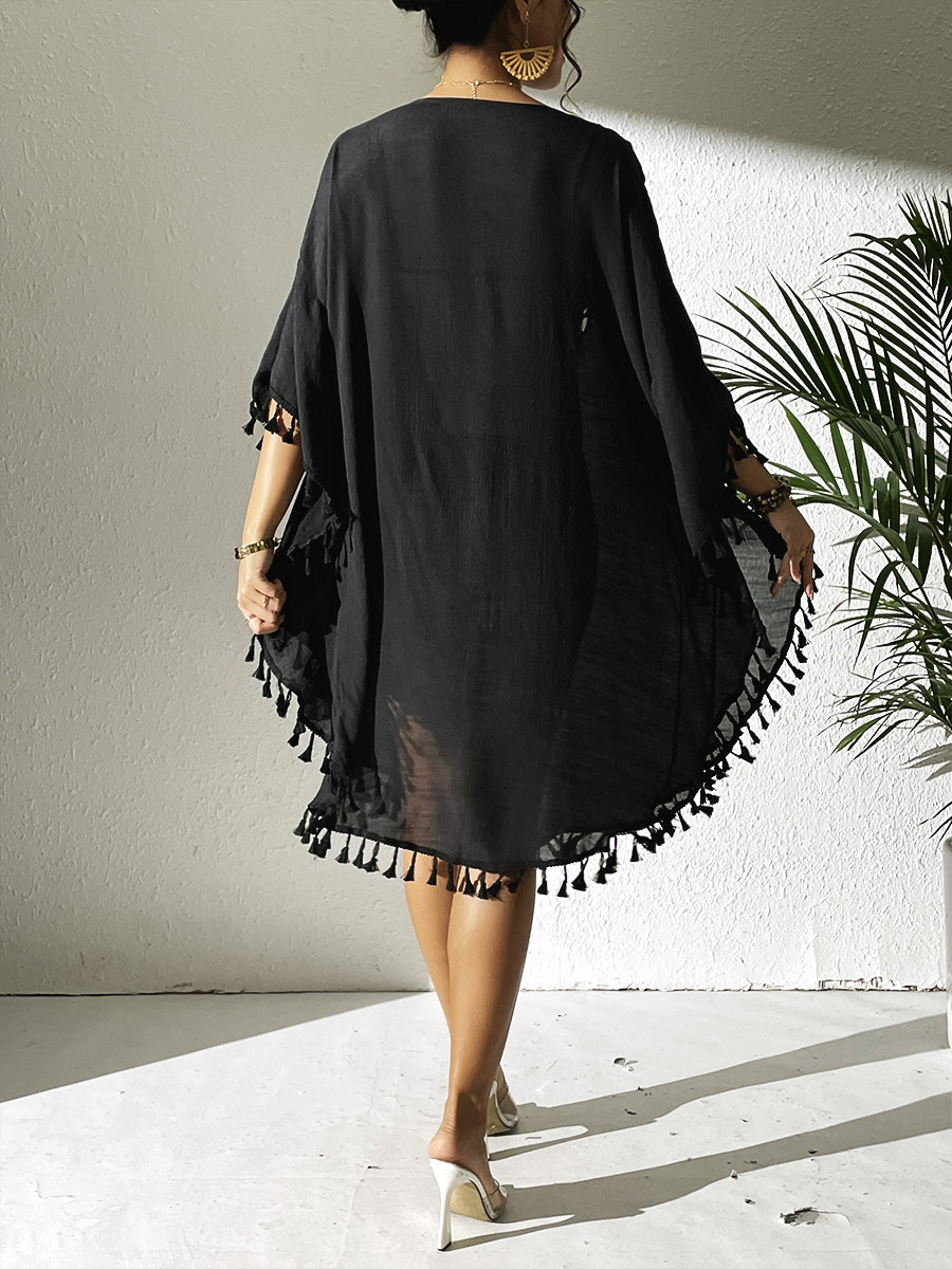 Boho Tassel Trim Crochet Yoke Loose Kaftan Dress
