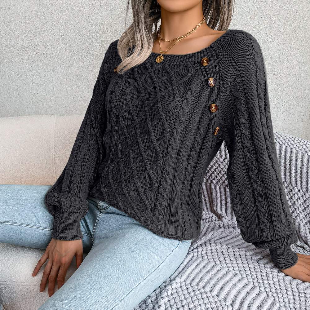 Textured Cable Knit Button Detail Relaxed Fit Sweater