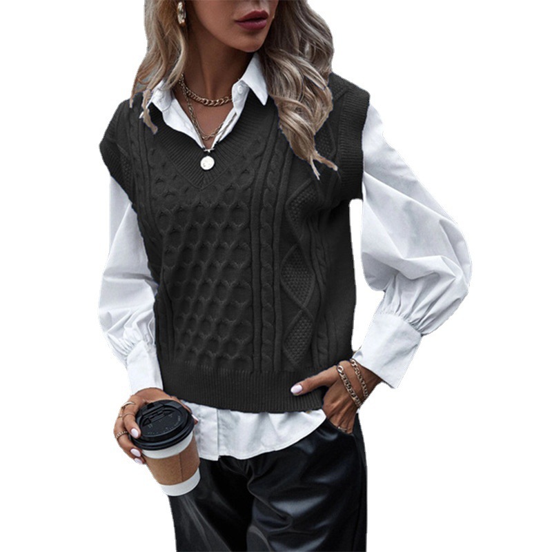 Dunhuang.Com Specializes In Small Batches For Women'S Fashionable Knitted Vests Autumn And Winter New Vests Sleeveless Cable V-Neck Tops