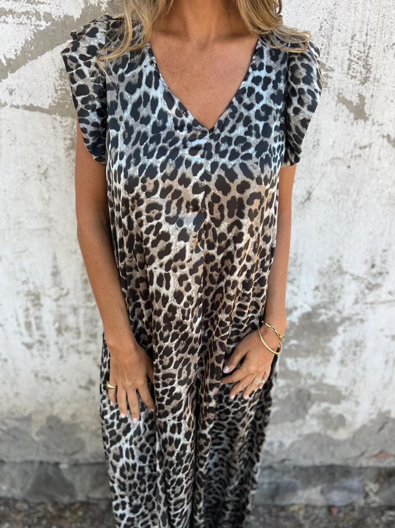 Leopard Print V-Neck Jumpsuit With Front Pockets (Buy 2 Free Shipping)