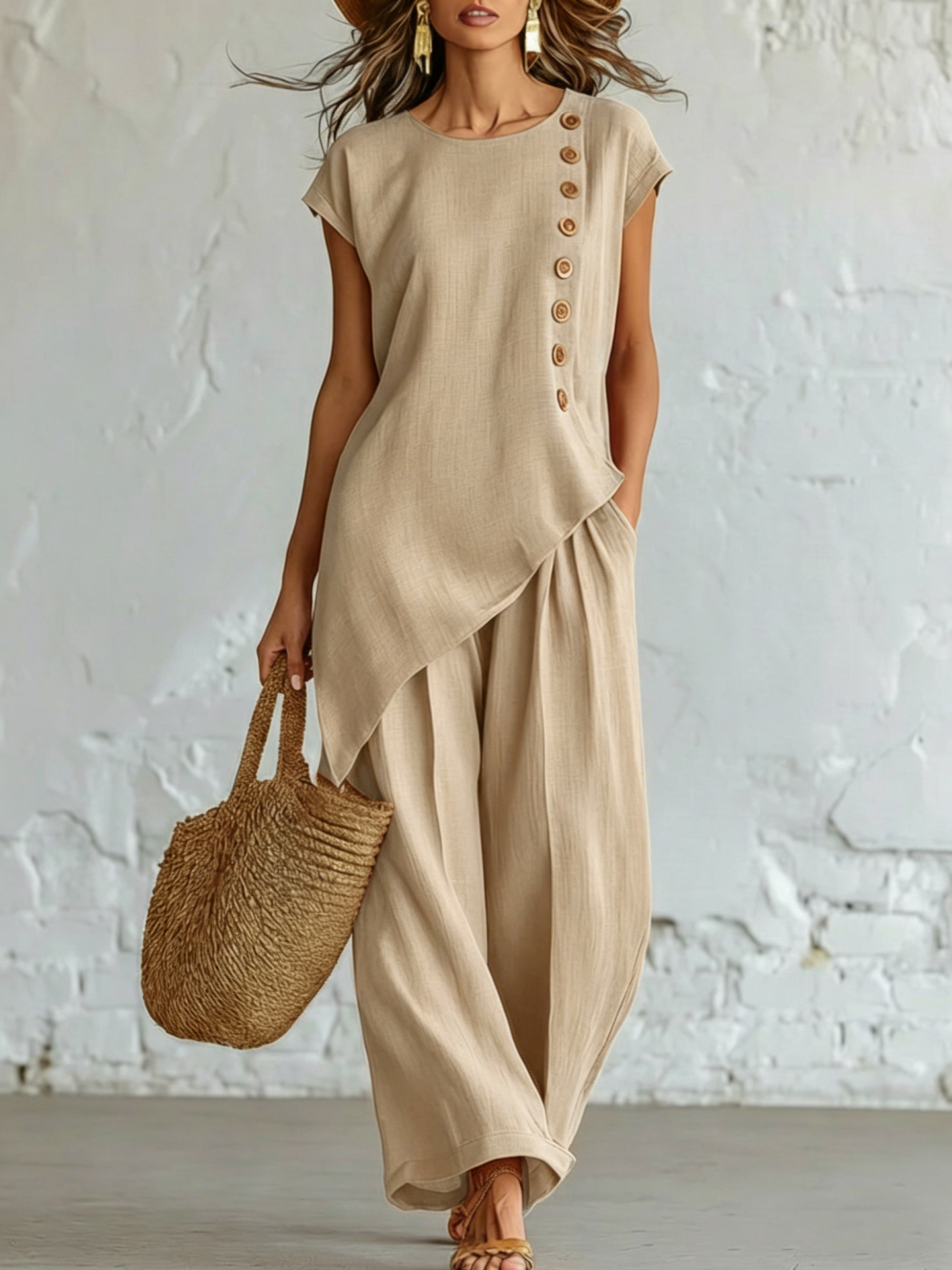 Elegant Asymmetric Button Detail Two-Piece Set (Buy 2 Free Shipping)