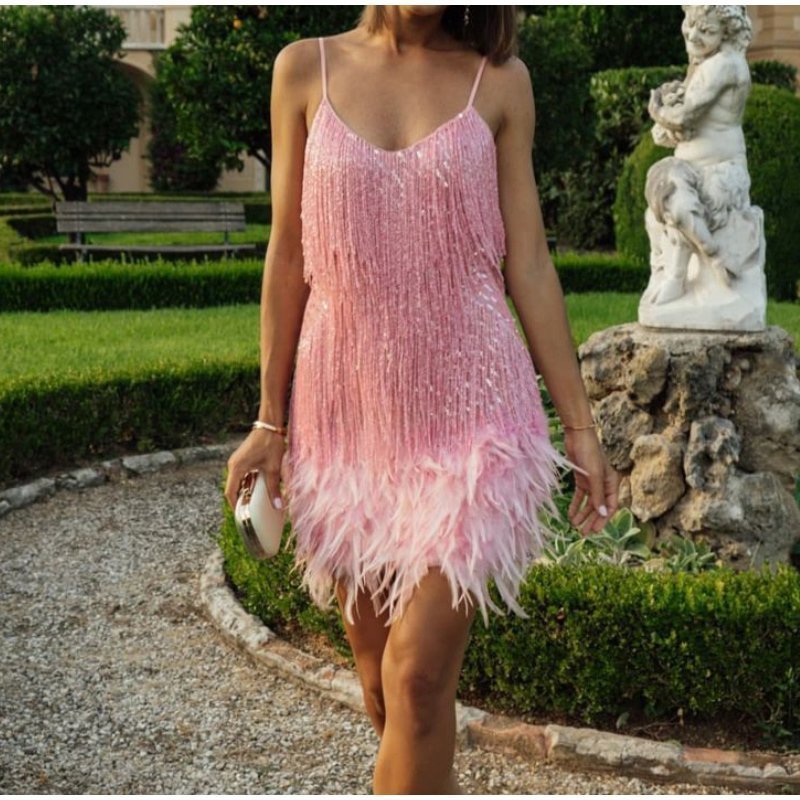 Feather Fringe Sequin Spaghetti Strap Dress