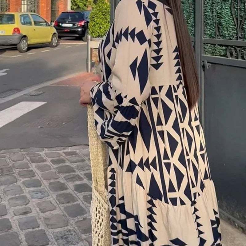 []Geometric Print Boho Tiered Maxi Dress