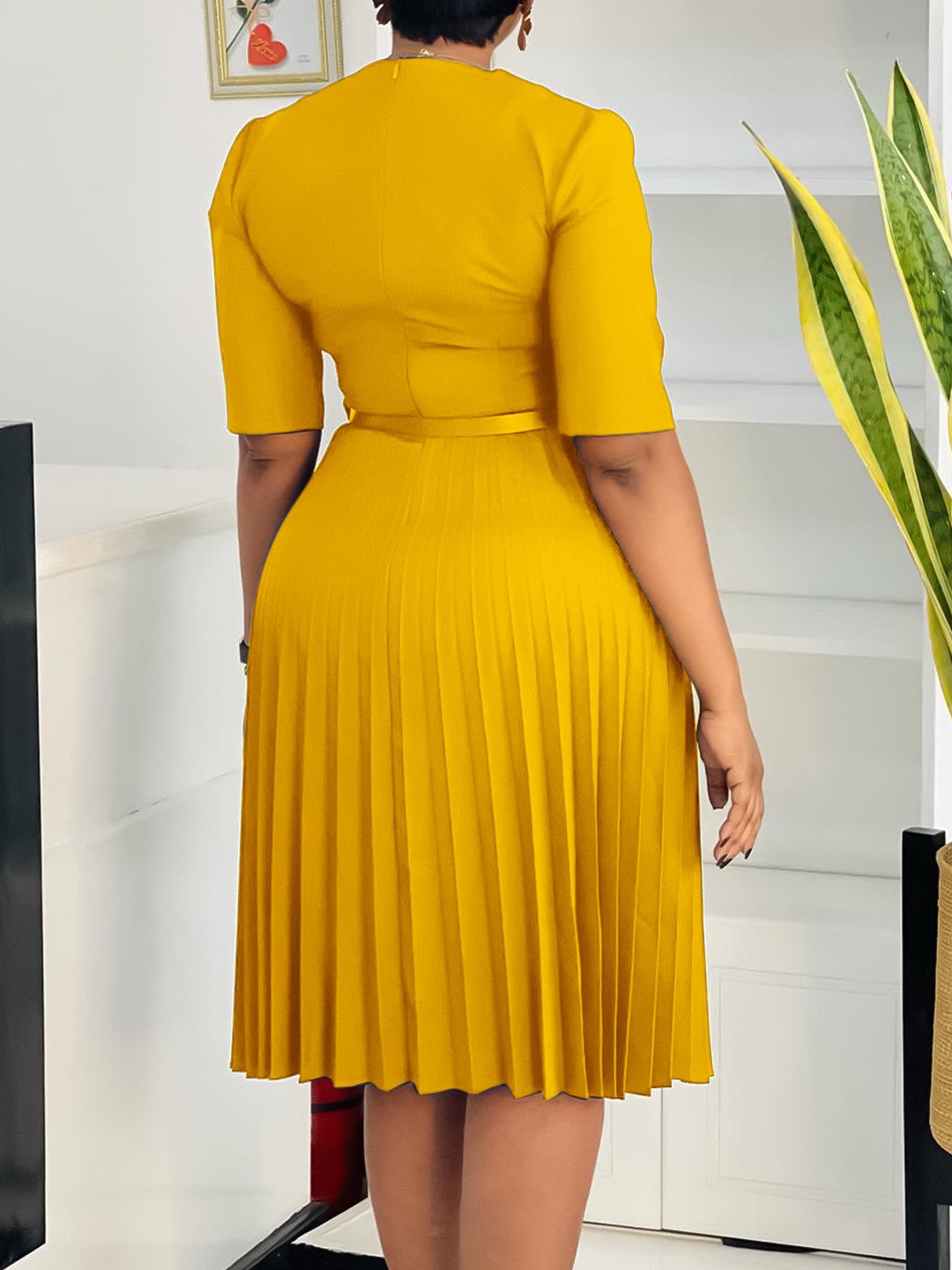 Elegant V-Neck Belted Pleated Midi Dress