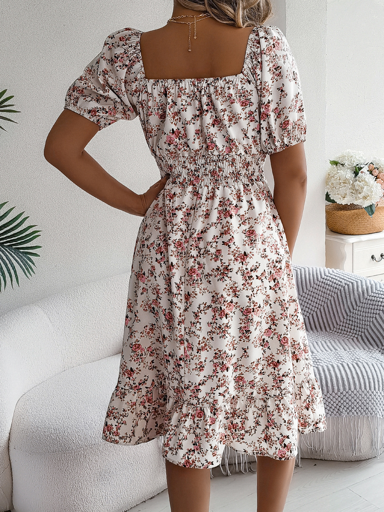 Elegant Floral Square Neck Smocked Waist Midi Dress