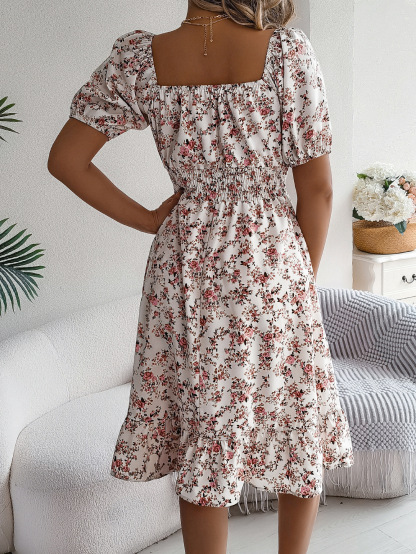 Elegant Floral Square Neck Smocked Waist Midi Dress