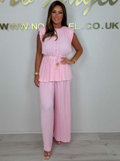 Pleated Tie Waist Top & Trouser Two Piece Set (Buy 2 Free Shipping)