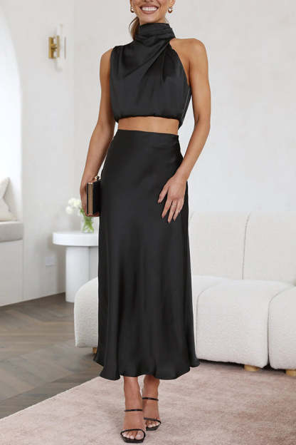High Neck Satin Drape Maxi Skirt Set (Buy 2 Free Shipping)