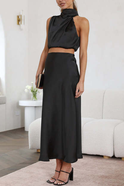 High Neck Satin Drape Maxi Skirt Set (Buy 2 Free Shipping)