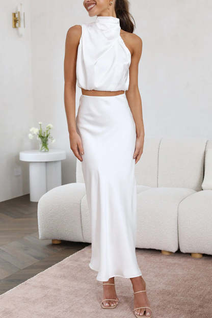 High Neck Satin Drape Maxi Skirt Set (Buy 2 Free Shipping)