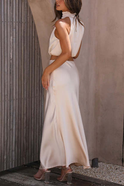 High Neck Satin Drape Maxi Skirt Set (Buy 2 Free Shipping)