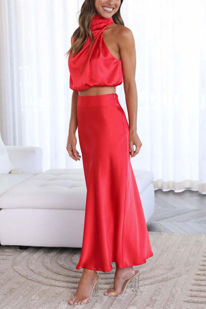 High Neck Satin Drape Maxi Skirt Set (Buy 2 Free Shipping)