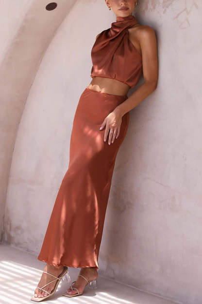 High Neck Satin Drape Maxi Skirt Set (Buy 2 Free Shipping)
