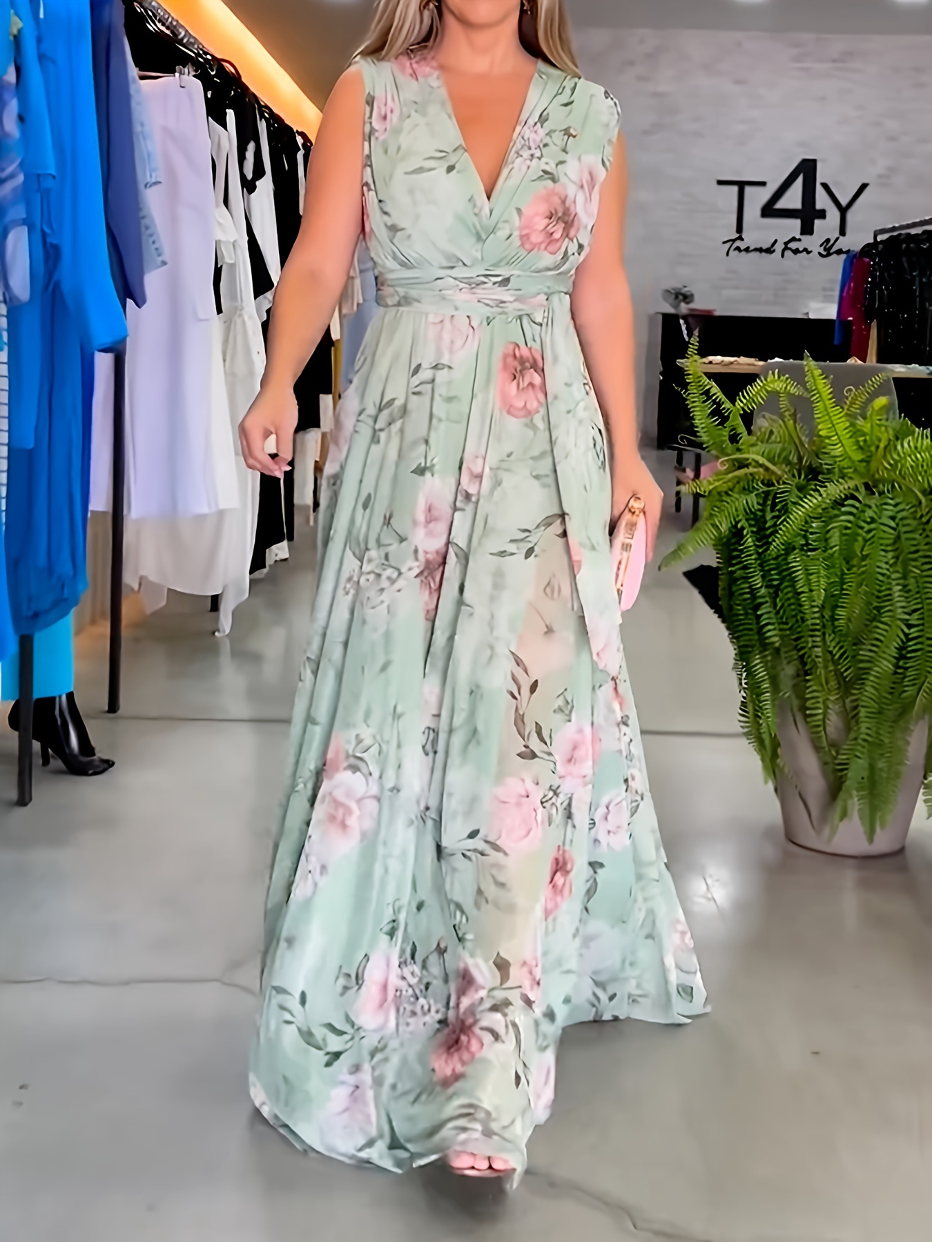 Elegant Floral V-Neck Sleeveless Maxi Dress with Belt (Buy 2 Free Shipping)