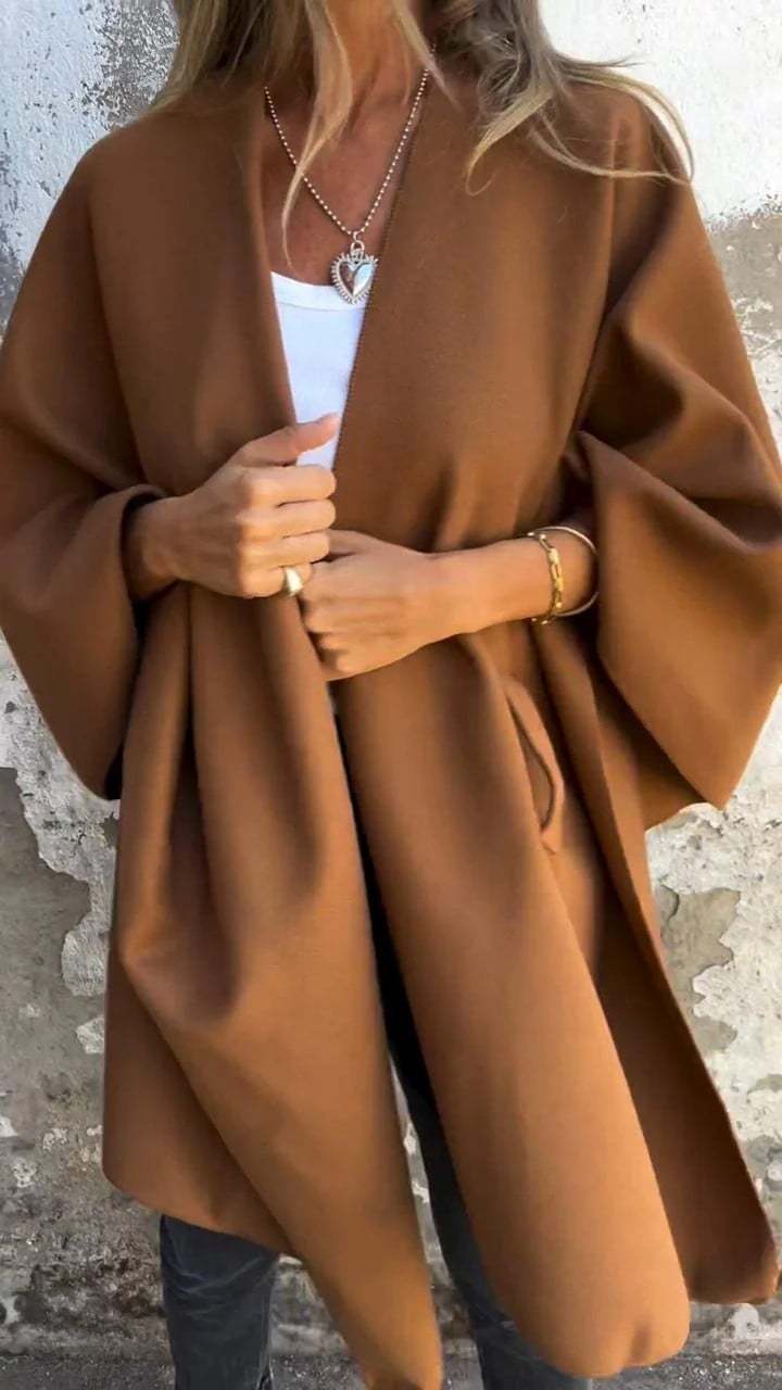Minimalist Wool Blend Wrap Cape Coat with Inserted Front Detail (Buy 2 Free Shipping)