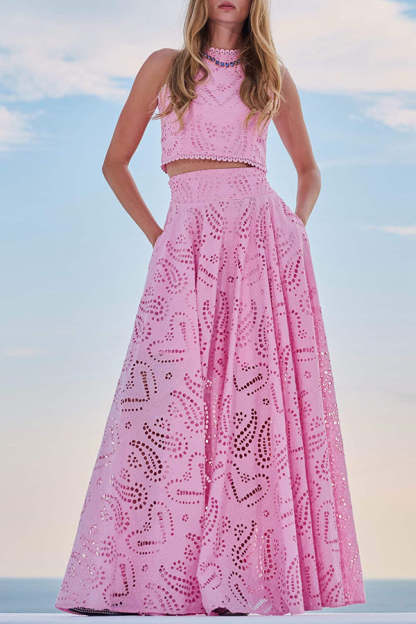 Paris Dreaming Embroidered Lace High Rise Pocketed Maxi Skirt and Crop Tank Top(Buy 2 Free Shipping)