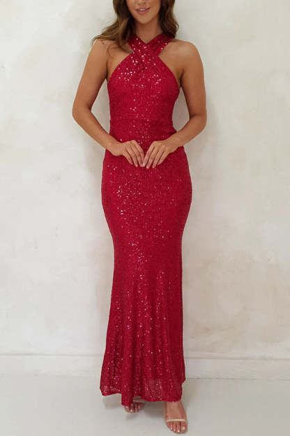 Time To Sparkle Sequin Cross Halter Neck Backless Maxi Dress (Buy 2 Free Shipping)