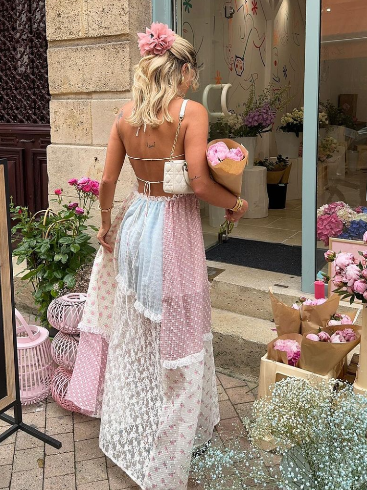 Lace Patchwork Halter Neck Floral Holiday Dress