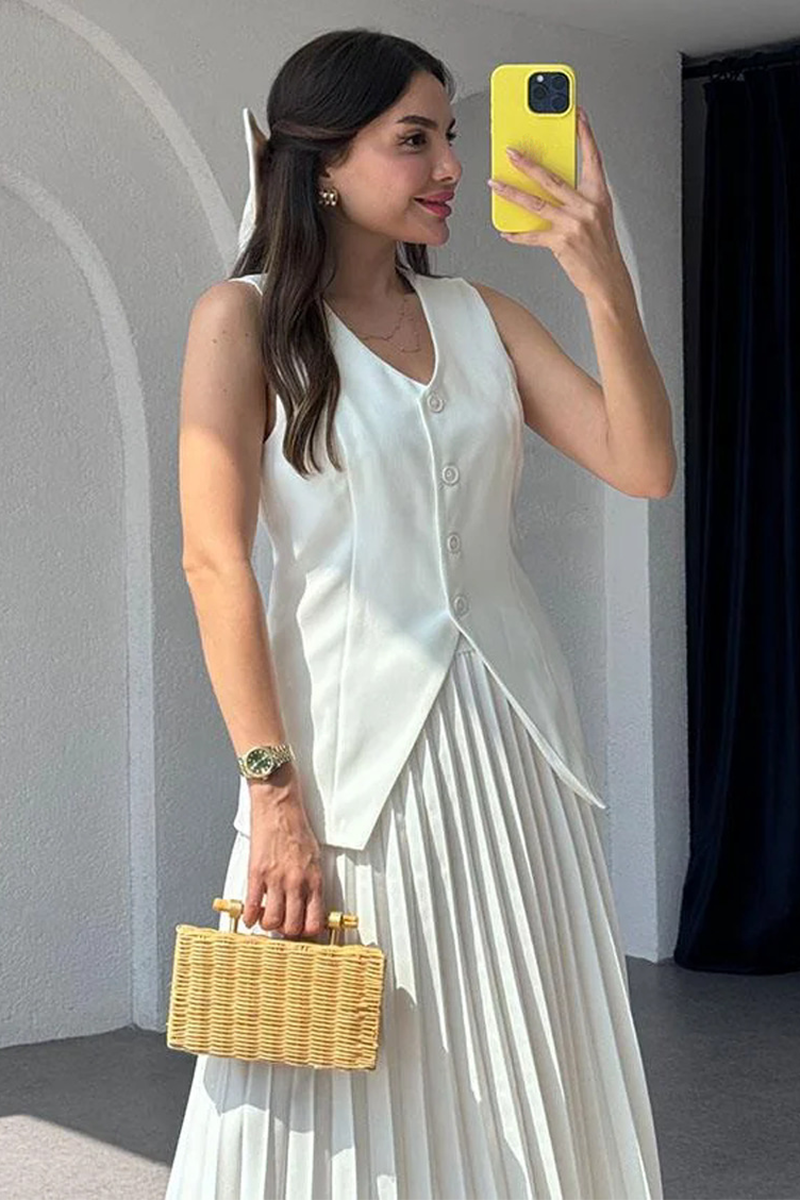 V Neck Button Up Slit Vest Pleated Maxi Skirt Matching Set (Buy 2 Free Shipping)