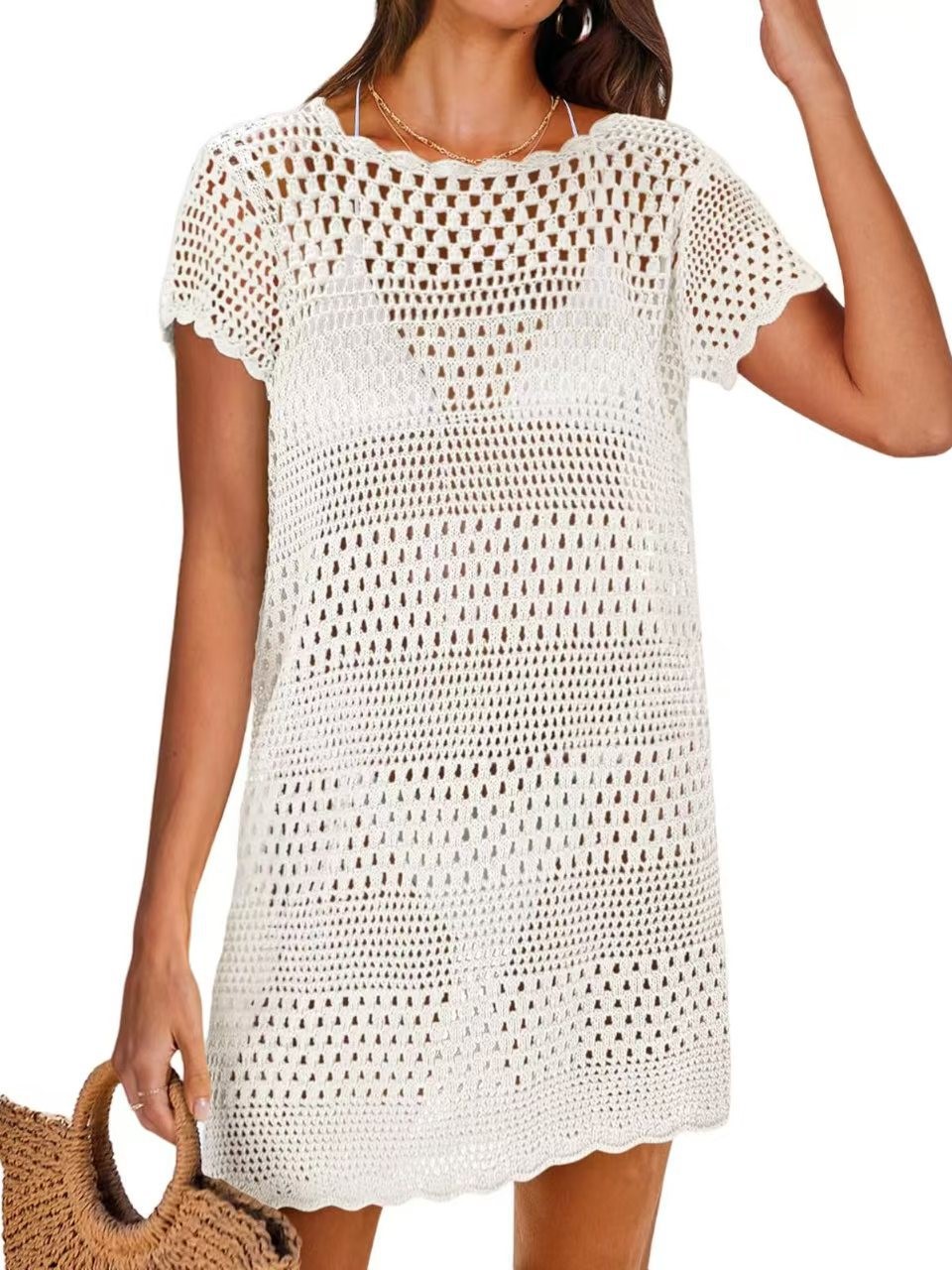Breezy Crochet Open-Knit Short Sleeve Cover-Up Dress