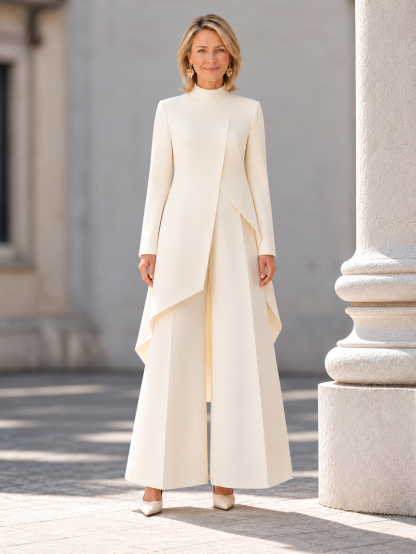 Elegant Long-Sleeve High-Neck Asymmetric Tunic Wide-Leg Two-Piece Set