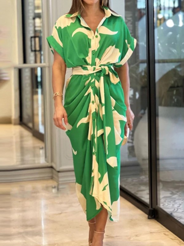 Printed Button-Down Maxi Dress with Waist Tie