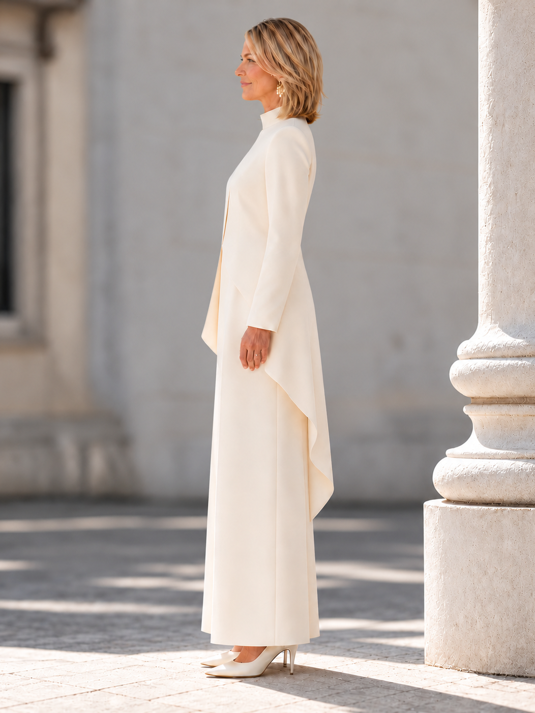 Elegant Long-Sleeve High-Neck Asymmetric Tunic Wide-Leg Two-Piece Set