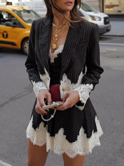 Classic Striped Lace Trim Blazer & Mini Dress
