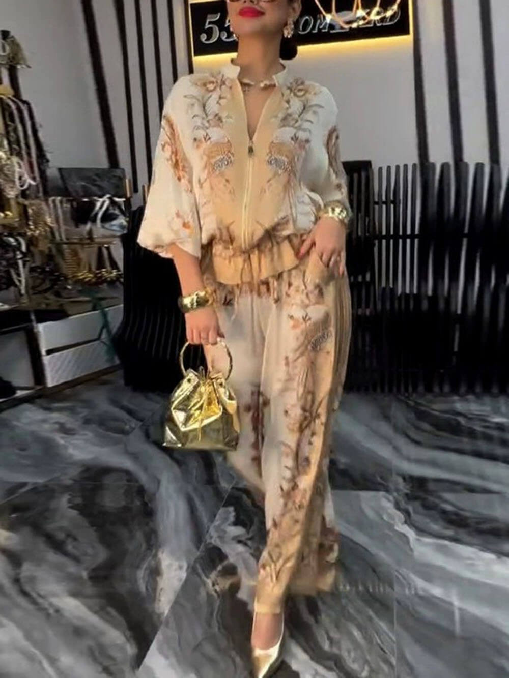 Unique Floral Print Tops & Wide Leg Pants 2 Piece Set ( Buy 2 Free Shipping) 