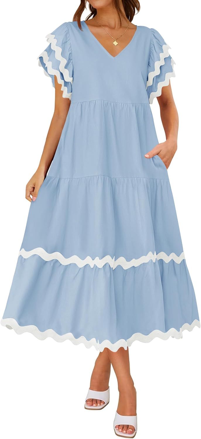 V Neck Flutter Short Sleeve Tiered Long Dress (Buy 2 Free Shipping)