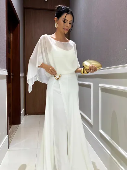 Elegant Cape Top and Draped Skirt-Pant Set