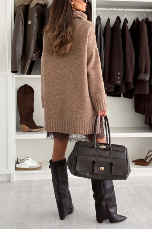 Cozy Turtleneck Knit Sweater & Lace Hem Slip Dress Two-Piece Set