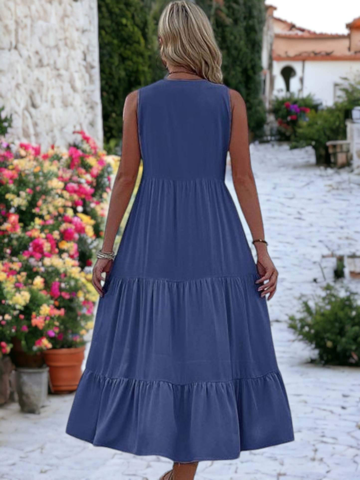V-Neck Button Detailed Boho Midi Ruffle Dress For Women