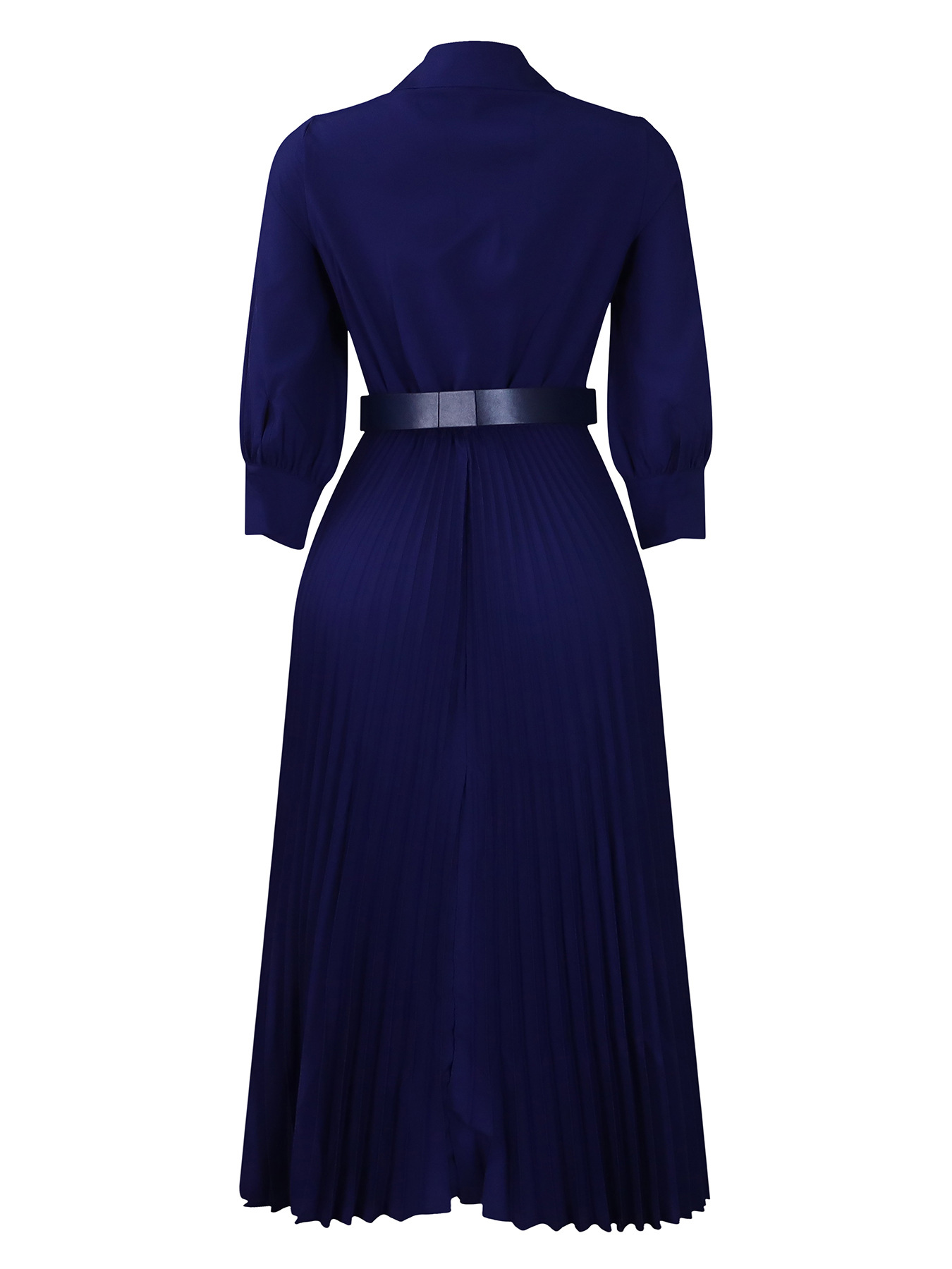Chic V-Neck Belted Pleated Midi Dress with Puff Sleeves