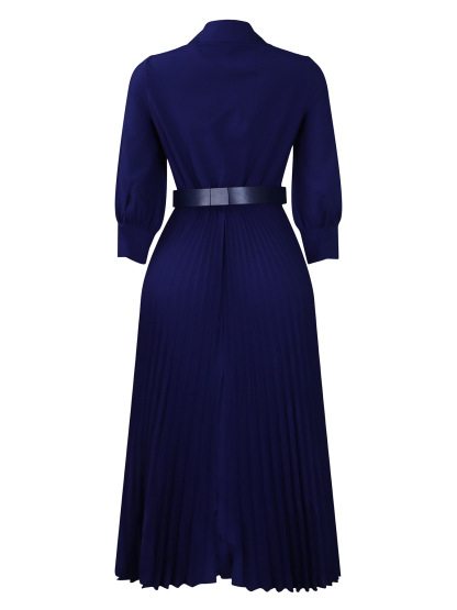 Chic V-Neck Belted Pleated Midi Dress with Puff Sleeves