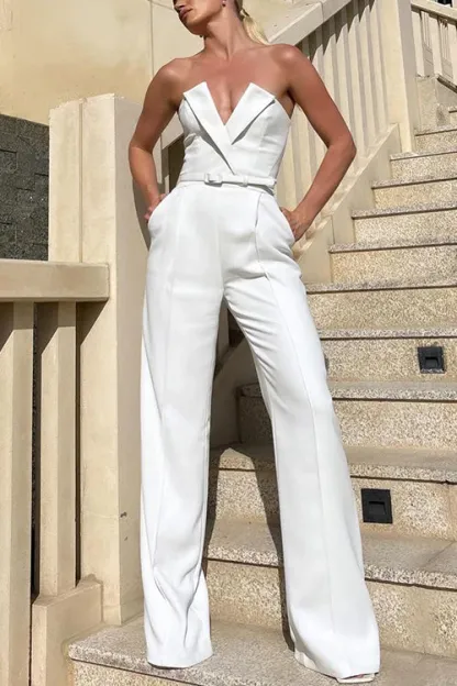 Sheer Mesh Pearl Bodysuit & V Neck Strapless Pocketed Wide Leg Jumpsuit