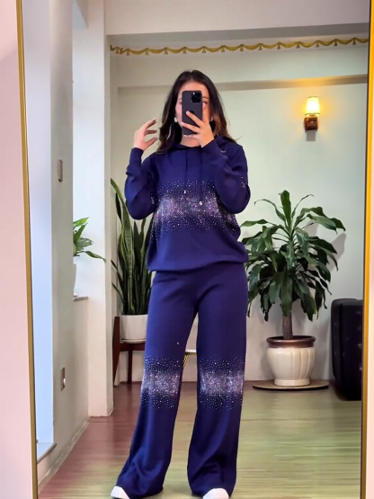 Elegant Gradient Sparkle Rhinestone Hoodie & Wide-Leg Pants Set (Buy 2 Free Shipping)