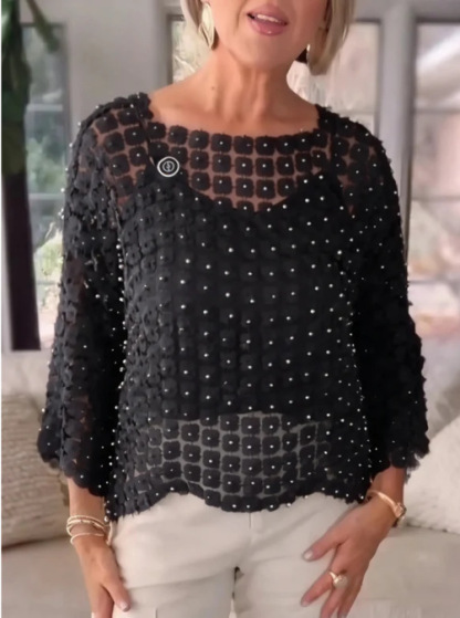 Elegant Floral Pearl Crochet Mesh Top