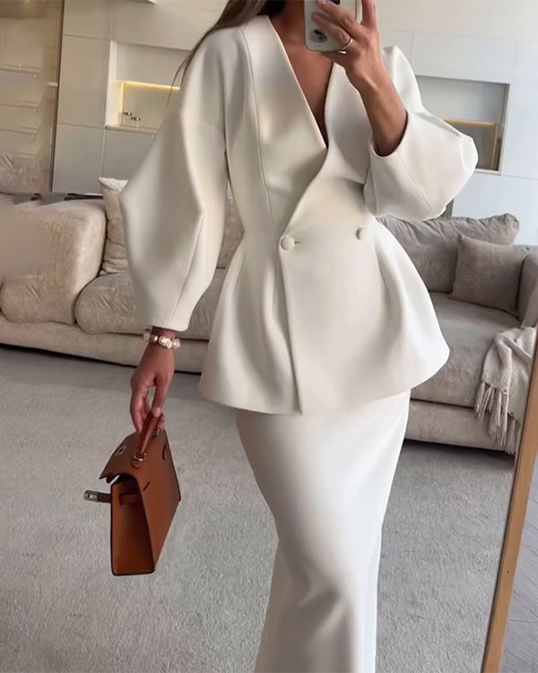 V Neck Puff Sleeve Blazer and Skirts Set