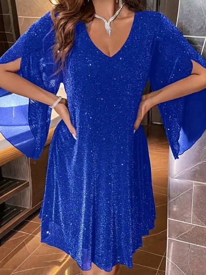 Plus Size Sparkly V-Neck Batwing Sleeve Dress (Buy 2 Free Shipping)